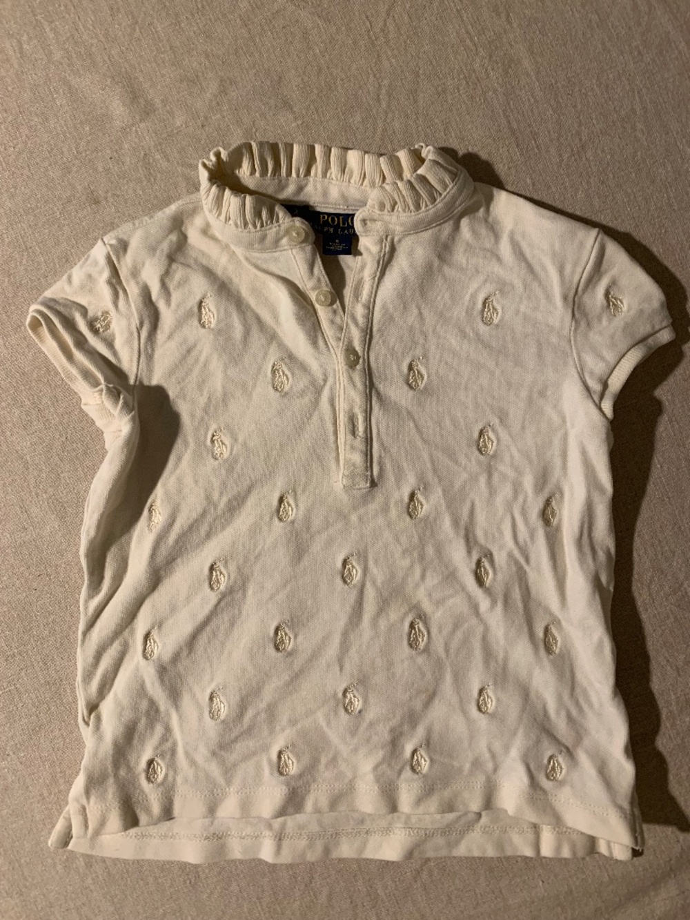 Polo Ralph Lauren Girls White Allover Pony Mesh Polo Shirt Ruffle Collar Size 6